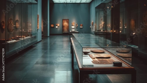 A museum interior with exhibits in glass cases and artwork on walls. Soft lighting and a long corridor