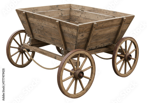 Isolated rustic wood cart with four spoked wheels, vintage country decoration, craft prop