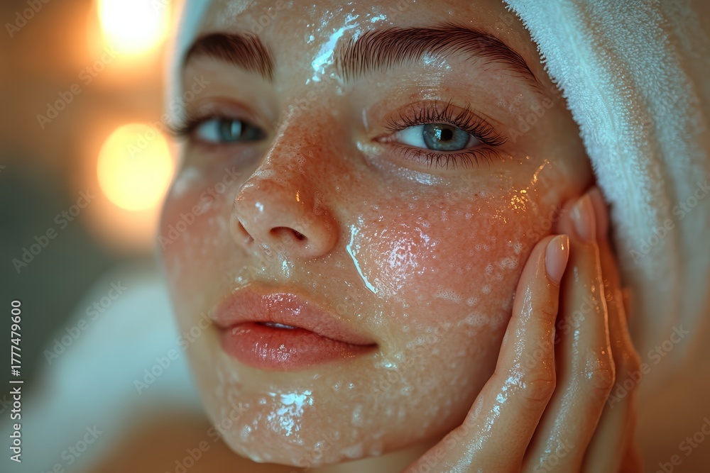 Naklejka premium Closeup Woman Face Washing Cleansing Foam Bubbles Skincare