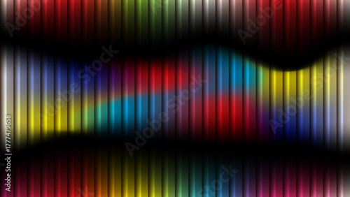 Abstract rainbow columns with glossy gradients, wavy black bands and reflections, vertical equalizer bars on dark background.