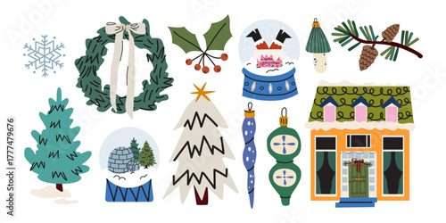 Festive Christmas and New Year's cartoon elements set in groovy style. Wreaths, Christmas trees, decorations, house, Christmas snow globe, branches, snowflake. Retro winter vector illustrations