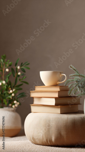 Wallpaper Mural Serene still life with cozy stack of book, coffee cup, and home decor. calm reading corner with warm light, plant, and comfortable pouf for relaxation Torontodigital.ca