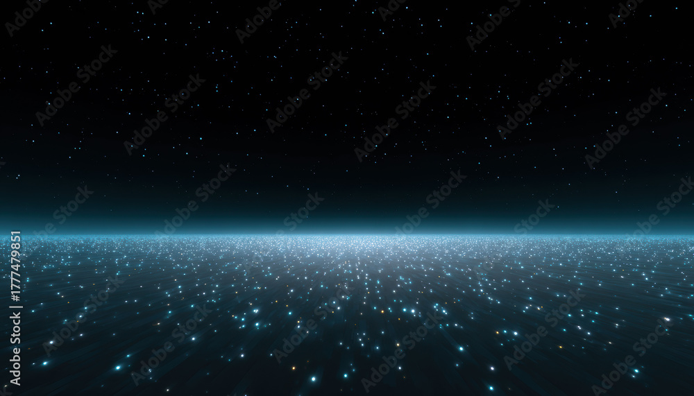 Fototapeta premium Vast digital landscape with glowing blue network of data stretching to horizon under dark sky. Abstract background represents cyberspace, technology, future and communication
