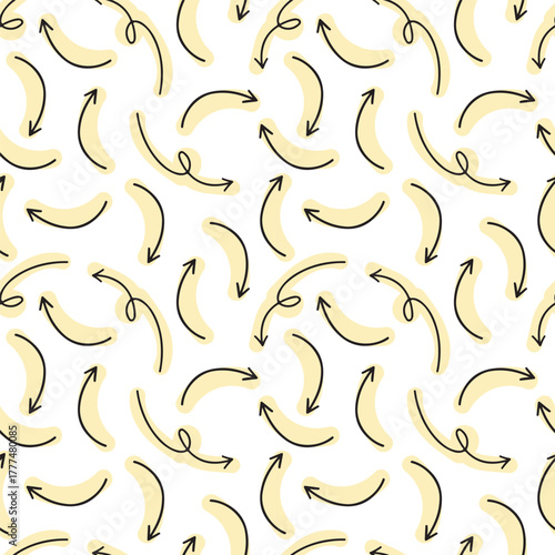 Hand drawn arrows seamless pattern. Black and yellow arrows in doodle sketch style on white background. Creative abstract background. Vector illustration.