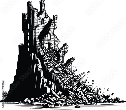 Crumbling medieval castle tower ruins conceptual illustration