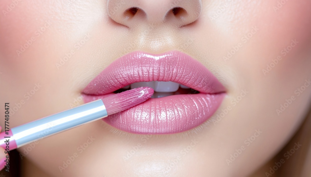 Naklejka premium Applying Pink Lip Gloss Close-up of a Woman's Lips and Beauty Routine