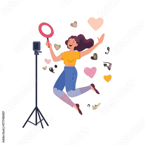 Happy Influencer Jumping with Ring Light