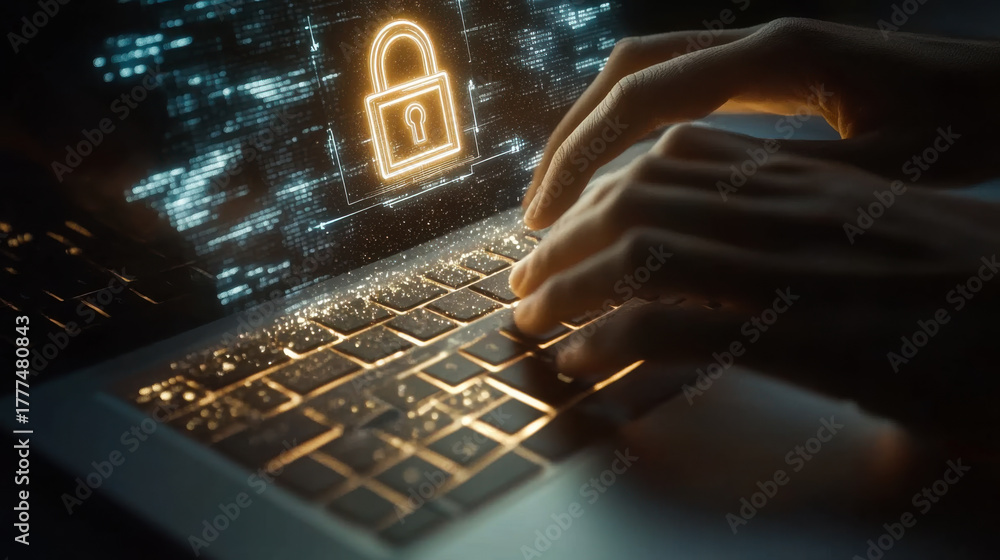 Fototapeta premium Protecting data through encryption on a laptop at night in a digital environment