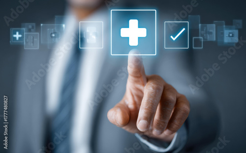 Confident businessman touching virtual screen with glowing blue plus icon. focused concept of adding value, positive benefit, insurance, and technology for business growth