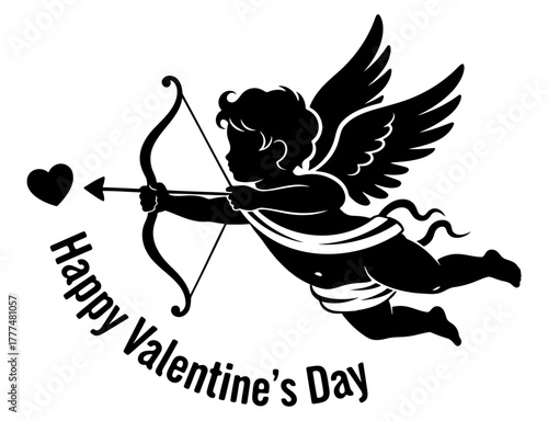Monochrome illustration of flying Cupid with a bow and heart arrow for a Happy Valentine's Day message