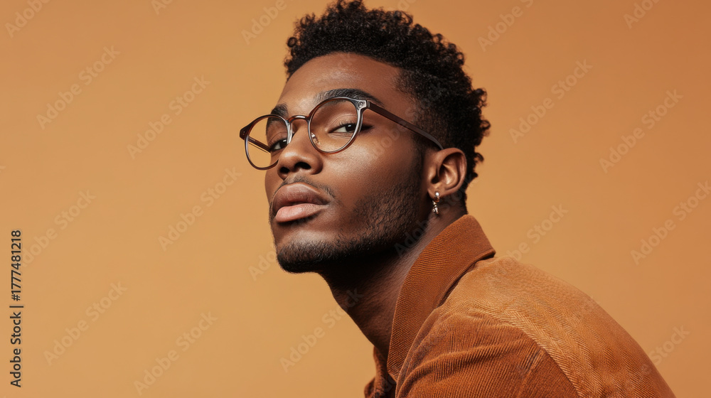 Obraz premium Stylish young man poses confidently against a warm orange background showcasing fashion and individuality