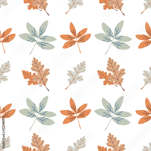 Autumn leaves pattern. Seamless background with falling leaves and berries in brown and green tones on a white background. Autumn mood print for textiles or wrapping paper. Vector illustration.