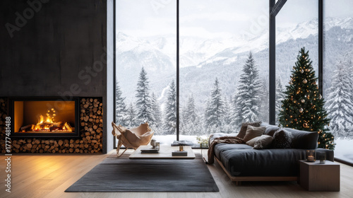 Cozy winter retreat features a fireplace, modern furniture, and a snowy mountain view at a scenic location