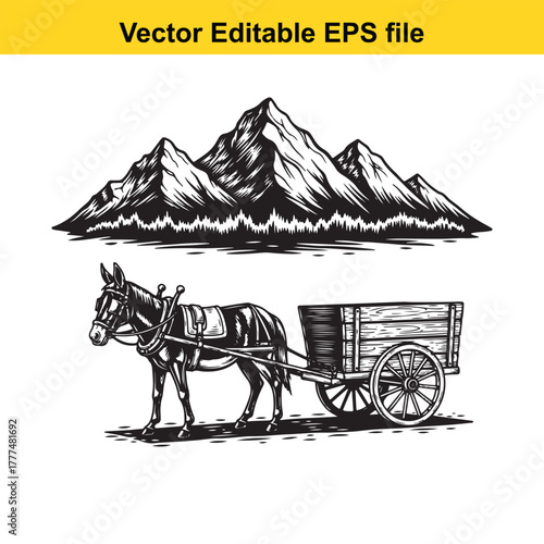 A donkey pulling a wooden cart through a mountainous landscape with pine trees
