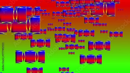 Colorful 3D elements floating in perspective with red and orange reflections