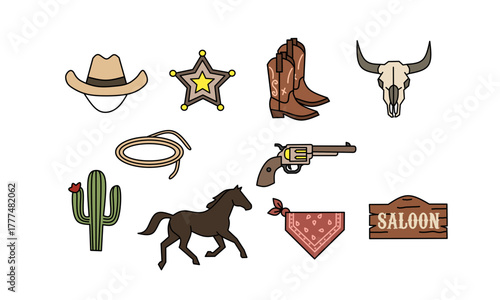 Flat vector set of cowboy and western themed elements such as hat, boots, sheriff badge, horse, revolver, saloon sign, cactus, and bandana in minimal rustic style for wild west design projects