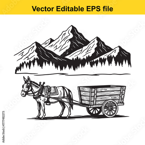 Vintage donkey pulling a wooden cart with a mountain range and pine forest in the background