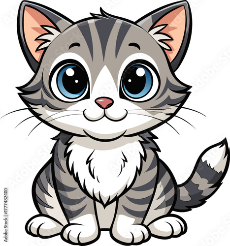 Create a highly detailed black-and-white hand-drawn sketch of a cute tabby kitten sitting with its front paws forward and large, expressive eyes. The fur should be textured with fine linework, and the