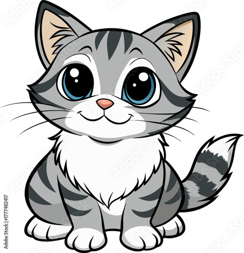 Create a highly detailed black-and-white hand-drawn sketch of a cute tabby kitten sitting with its front paws forward and large, expressive eyes. The fur should be textured with fine linework, and the