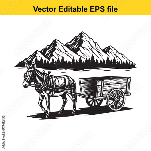 Vintage donkey pulling a wooden cart with a mountain range and pine forest in the background