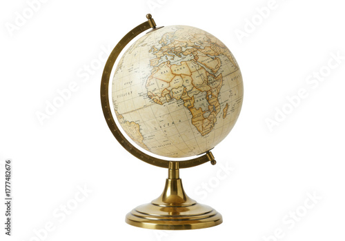 Isolated antique-style desk globe, geographical sphere on gold metal stand, world map display