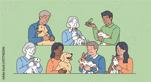 A diverse group of multicultural people, from seniors to young adults, lovingly holding their various pets like dogs, cats, and rabbits, concept of animal companionship