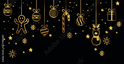 Christmas golden Christmas decorations and candies on a black background - Vector illustration