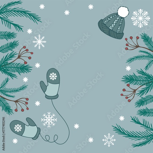 Hat and mittens in New Year's entourage - Vector illustration