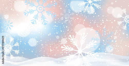 White falling snow, big snowdrifts, different snowflakes, festive Christmas background - Vector illustration