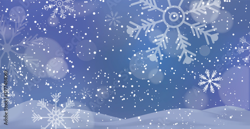 White falling snow, big snowdrifts, different snowflakes, festive Christmas background - Vector illustration