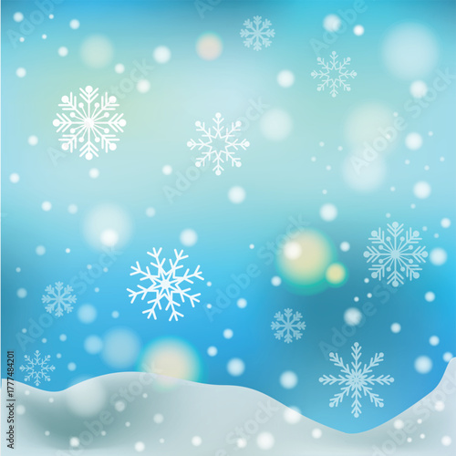 White falling snow, big snowdrifts, different snowflakes, festive Christmas background - Vector illustration