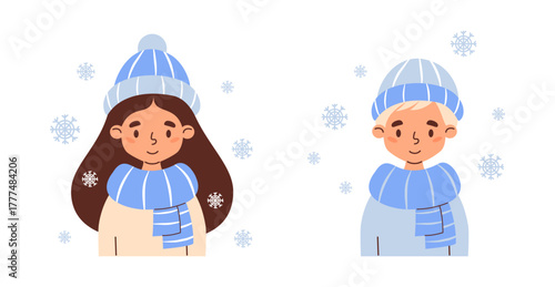 Winter Cute Girl and Boy in Hat and Scarf Under Snowflakes. Isolated Female and Male Child Portrait cozy seasonal character. Vector illustration. Kids collection. Not AI