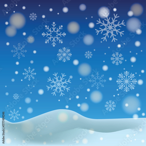 White falling snow, big snowdrifts, different snowflakes, festive Christmas background - Vector illustration