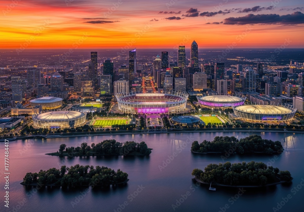 Naklejka premium Cityscape at Sunset, River, Stadiums, Urban Skyline with Vibrant Sky, City Lights