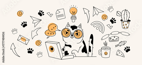 Cute Cat Working on laptop. Outline Freelancing, Work, Online Communication Doodles. Isolated Vector Hand Drawn Sketch. Not AI