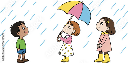 Three cartoon children, appearing to be around 6-8 years old, are depicted under the rain. The leftmost child is a boy with black hair, wearing a green shirt, blue shorts, and brown boots. He holds up