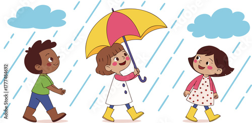 Three cartoon children, appearing to be around 6-8 years old, are depicted under the rain. The leftmost child is a boy with black hair, wearing a green shirt, blue shorts, and brown boots. He holds up