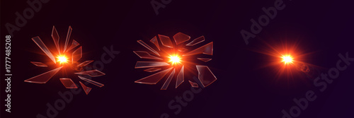 Red explosion effect of broken glass, flash of dust and stars