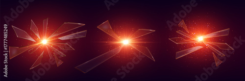 Red explosion effect of broken glass, flash of dust and stars