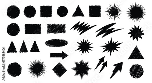 Hand-drawn black graphic shapes with a scribble texture, including geometric forms, abstract elements, and arrows, isolated on white.