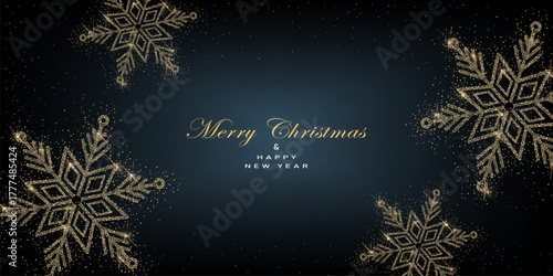 Greeting card with christmas  snowflakes made from gold glitter on black background.New year them. Vector illustration.