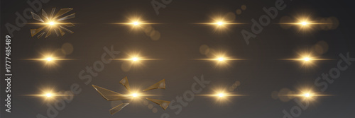 Collection of glowing golden highlights and glass effects, star burst.