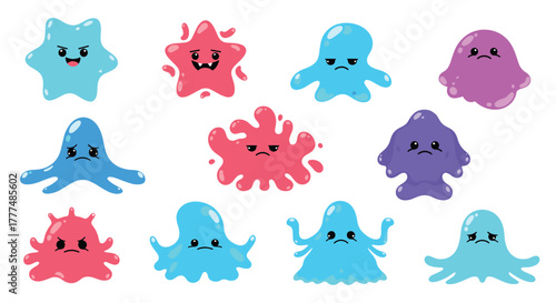 Cute and colorful cartoon slime monsters and germs in various shapes and sizes displaying a range of emotions, isolated on white.