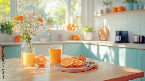 Bright and inviting kitchen scene featuring fresh oranges and juice. The warm atmosphere invites relaxation and enjoyment. Perfect for breakfast moments. Generative AI