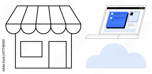 Small storefront, laptop with online dashboard, and cloud icon represent cloud storage, e-commerce, and remote operations. Ideal for technology, business, innovation, cloud usage digital tools