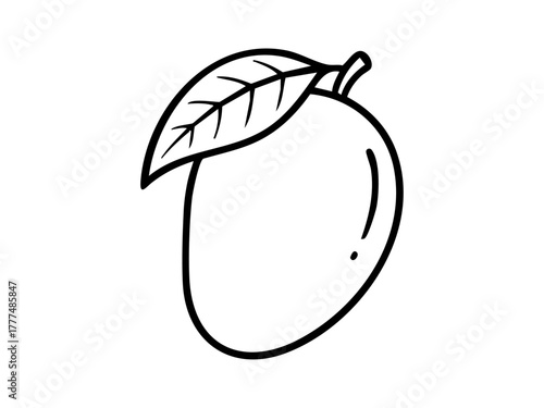 Mango outline with single leaf, simple black line drawing, perfect for coloring books, educational materials, and fruit-themed design projects.