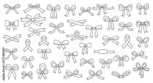Outline illustrations of various decorative bows and ribbons, perfect for design elements, crafts, and festive occasions.
