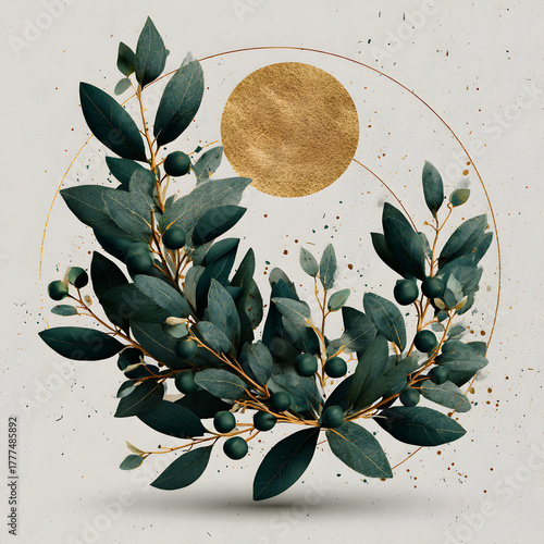 Elegant green foliage with golden sun on a light background