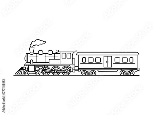 Vintage steam train line drawing, minimalistic black outline, isolated on white background, perfect for retro designs and educational materials.