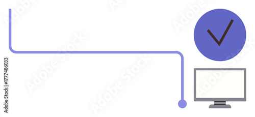 Digital process flow line connecting to a checkmark and a computer monitor. Ideal for workflow, productivity, task management, validation, efficiency, success, minimal design. Clean flat metaphor